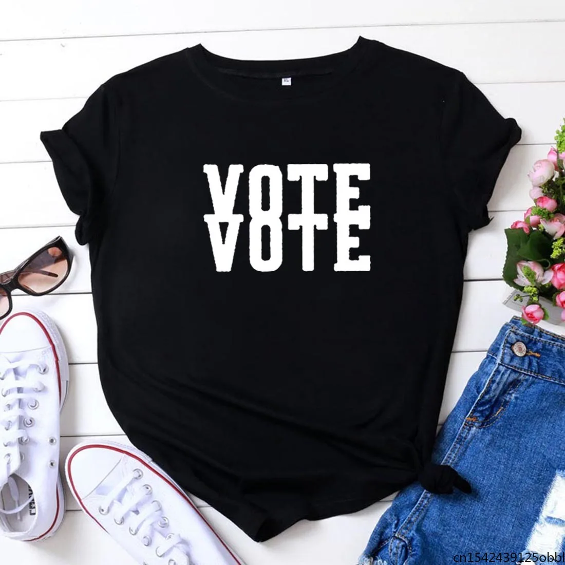

Vote Vote Funny T Shirt Women Fashion Shrot Sleeve Loose Black White Femme