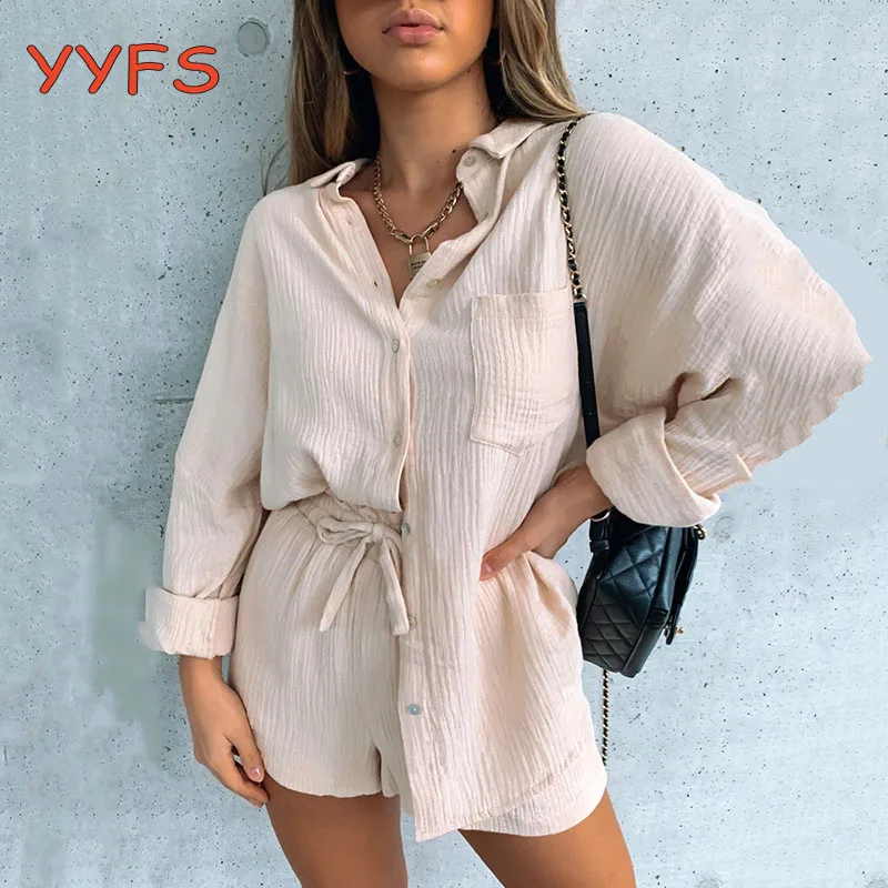 

2021 Summer Tracksuit Women Long Sleeve Top Shirt Women And Shorts Casual Women Set Black Two Pieces Set Loose Outfit Female
