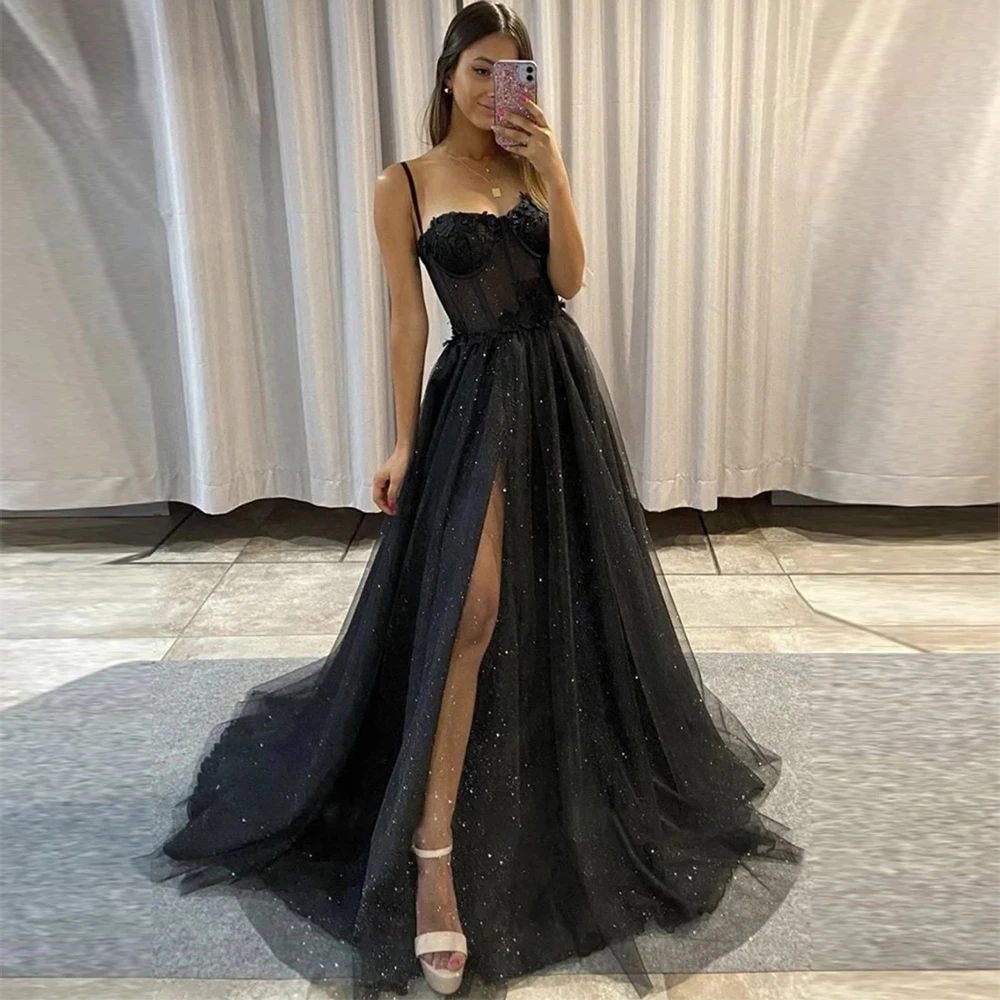 

SISTER Elegant 3D Flowers Long Evening Gowns Side Slit Spaghetti Straps Sweetheart Bones Black Glitter A Line Tulle Prom Dresses