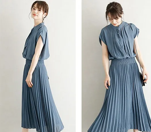 

Short Sleeve Elegant Japan Style Loose Women's Long Dress Casual Pleated Fake Two Dresses Female 2021 Summer Vingant Clothes