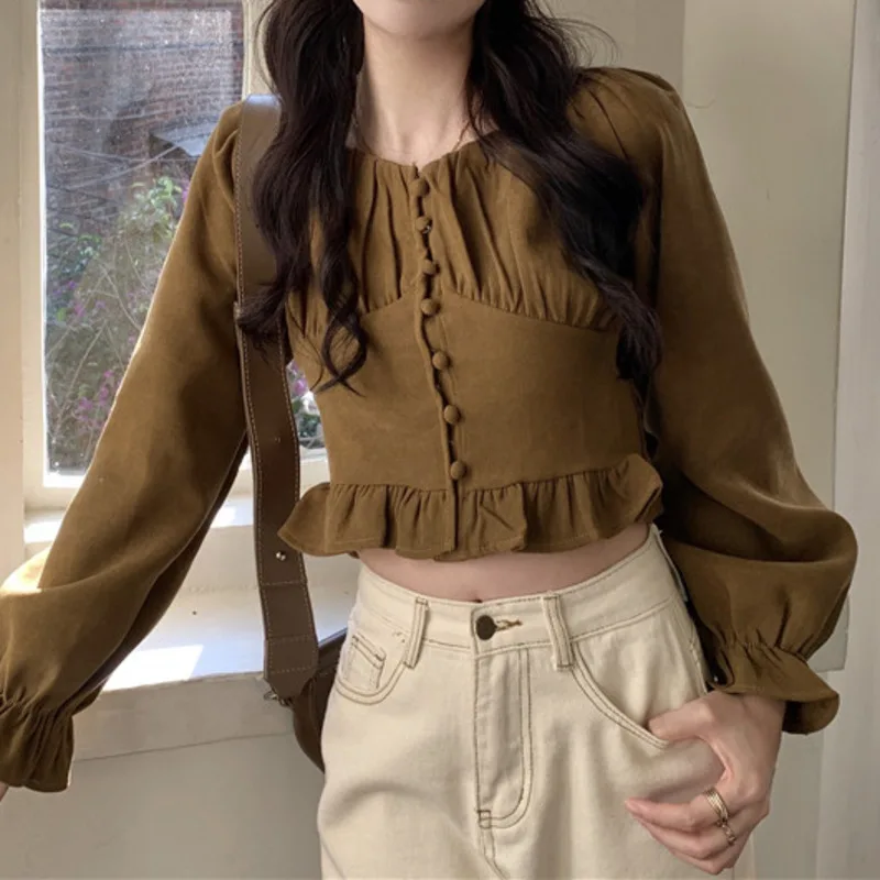 

Temperament shirt women's autumn and winter design sense of top new 2021 foreign style fashion thin short long sleeve