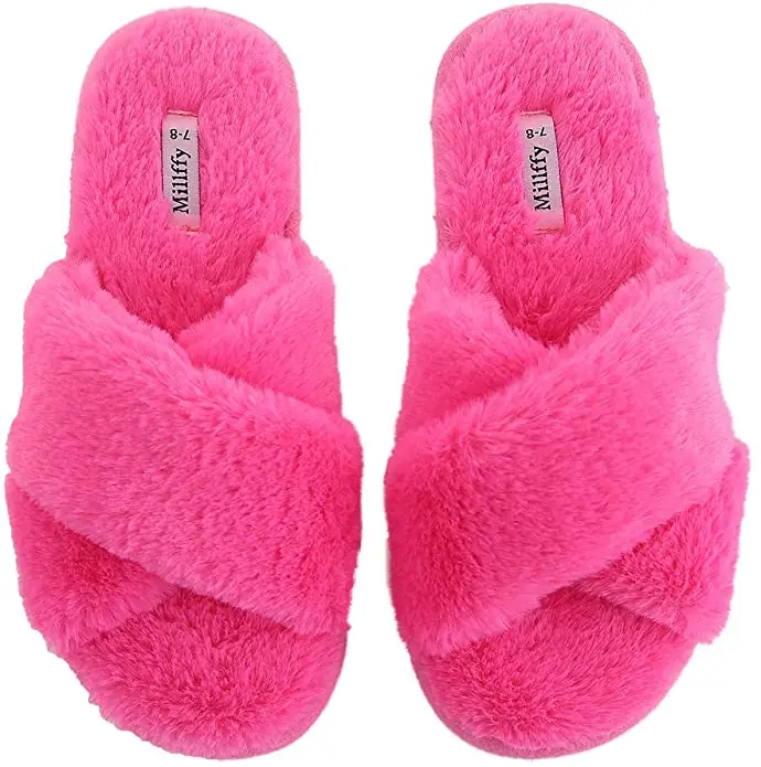 

MILLFFY Women Fur Slippers Chic Cross Soft Plush Indoor Ladies Platform Shoes Open Toe Fluffy House Slippers