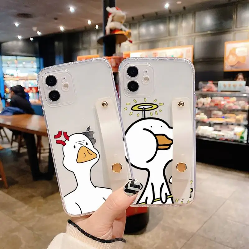 

Funny Creative Animal Duck Phone Case Wrist Strap For iPhone 7 8 11 12 X XS XR MINI Pro Max Plus Hand Band Transparent Clear