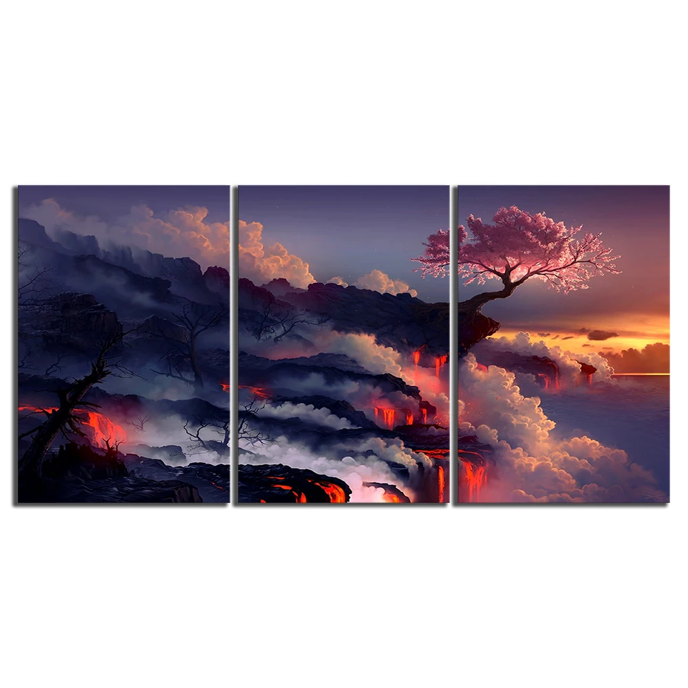 

Canvas Painting HD Printed Home Decor 3 Pcs Scorched Earth Lava Landscape Cherry Blossom Sunset Blossom Wall Art Poster Pictures