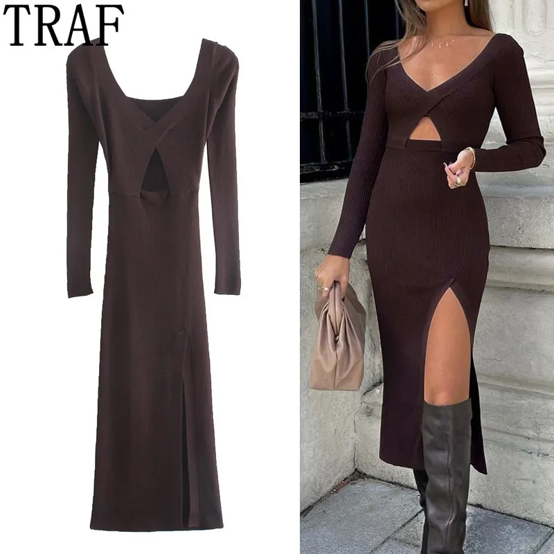 TRAF 2021 Cut Out Knitted Dress Woman Midi Sweater Dress Women Tight Long Dresses Autumn Winter 2021 Slit Elegant Dresses