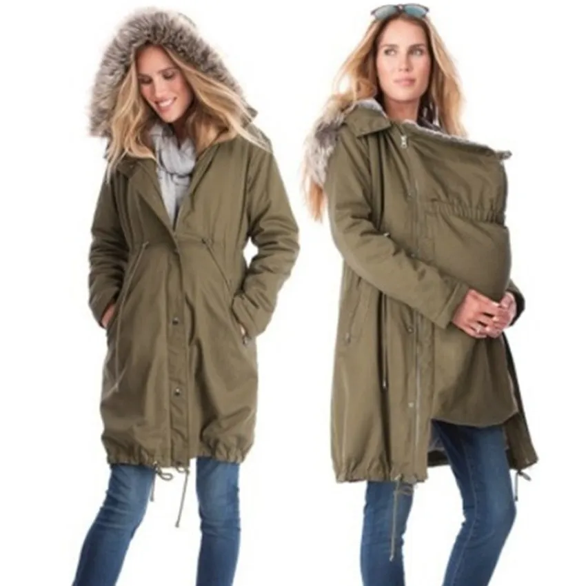 Замшевая куртка-Уокер для беременных женщин средней длины с меховым воротником и