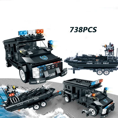 Compatible legoing SWAT special force city police helicopter truck car boat vehicles policeman figures building blocks toys | Игрушки и