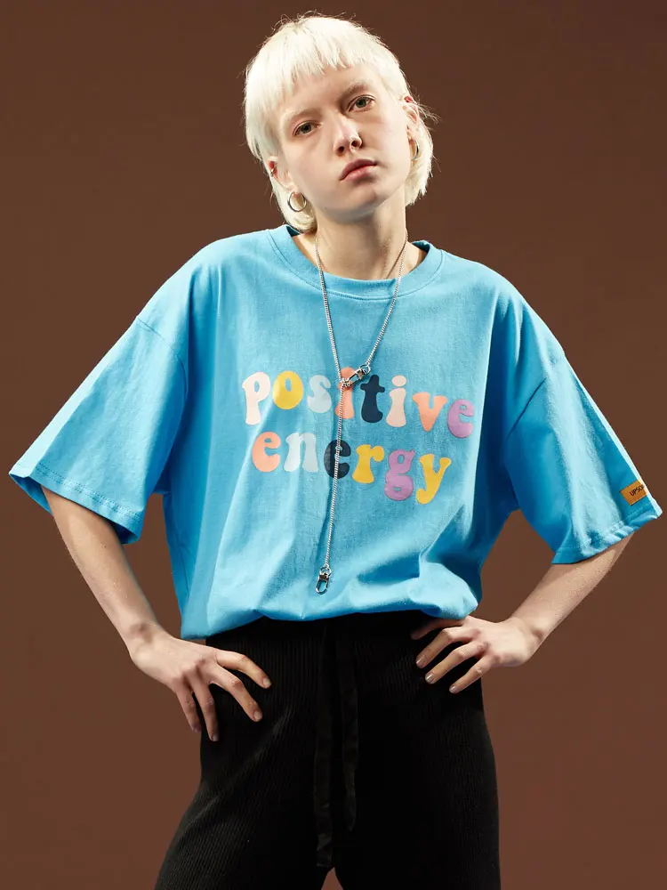 

Tees Shirts Rainbow Positive Energy Print Short Sleeve Tshirts Streetwear Men Women Hip Hop Harajuku Casual Cotton Tops