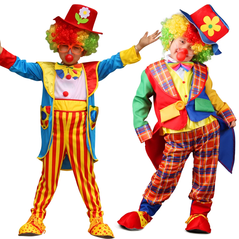 

Halloween Costumes Children Funny Circus Clown Costume With Wig Shoes Naughty Joker Jester Uniform Fancy Dress Cosplay For Boy