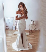 new boho mermaid long satin wedding dress 2021 front split off the shoulder sexy bridal gown v neck vestidos de novia