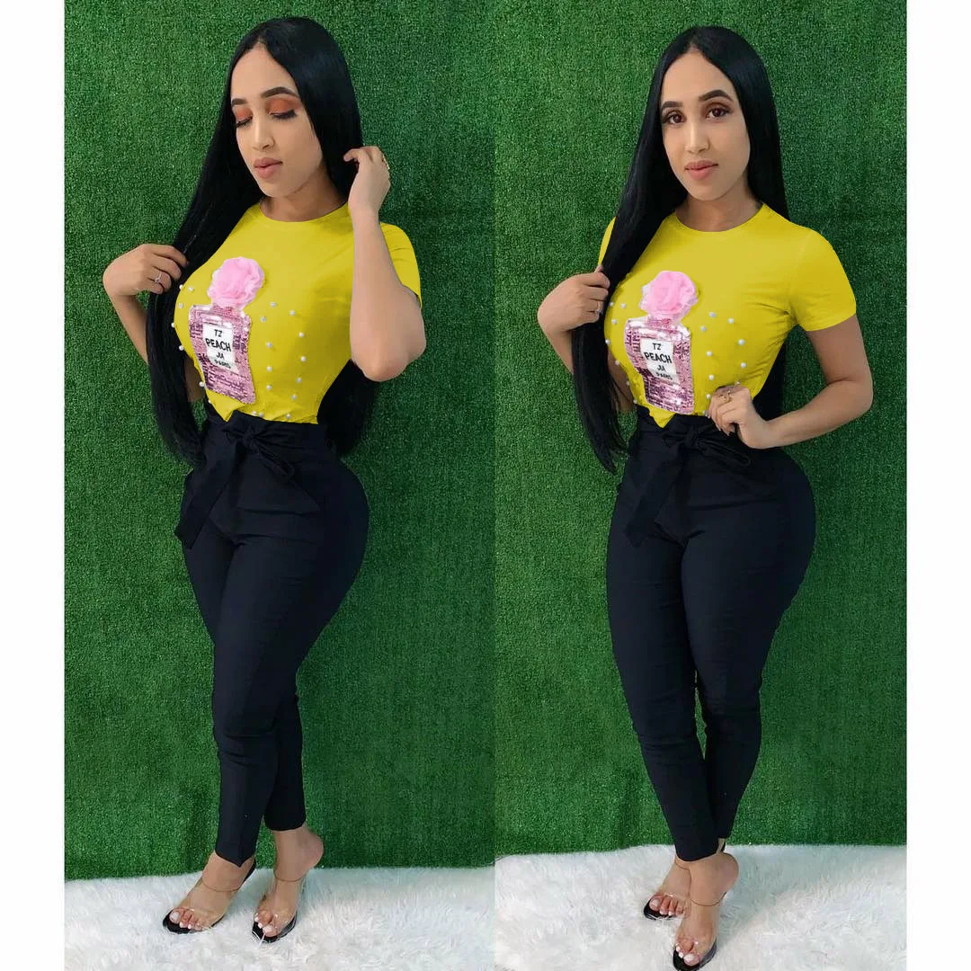 

Echoine Design Flower Pearl Sequin Summer Tshirt Short Sleeve Sexy Casual Fashion Patter Print Tops Pullovers Ladies Streetwear