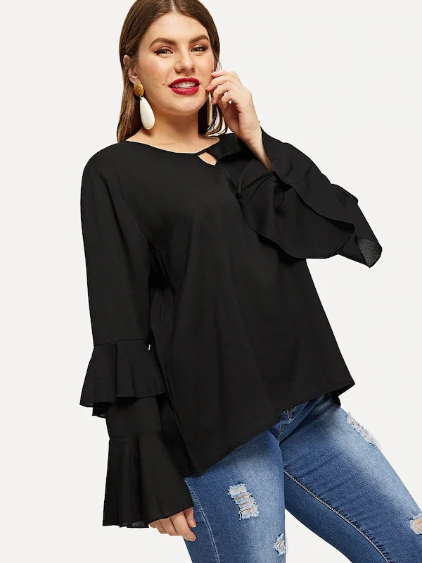 Плюс размер винтажная тонкая шифоновая рубашка с длинным рукавом и круглым