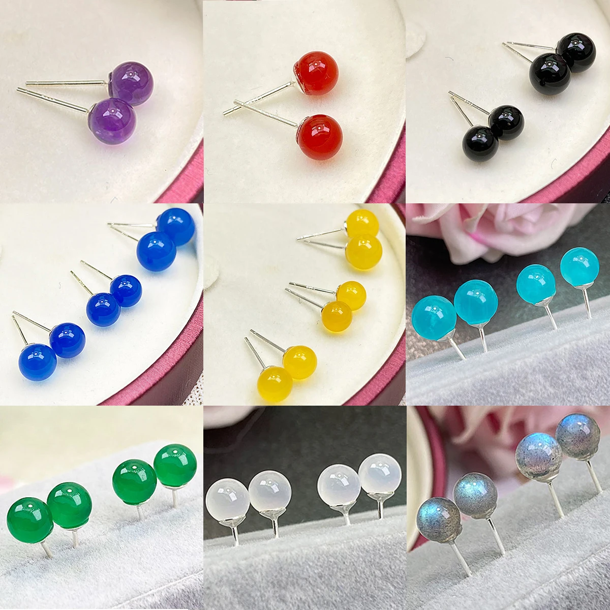 

6/8mm Round Natural Green Agate Stud Earrings For Women S925 Sterling Silver Earrings Vintage Fine Jewelry Wedding Brincos