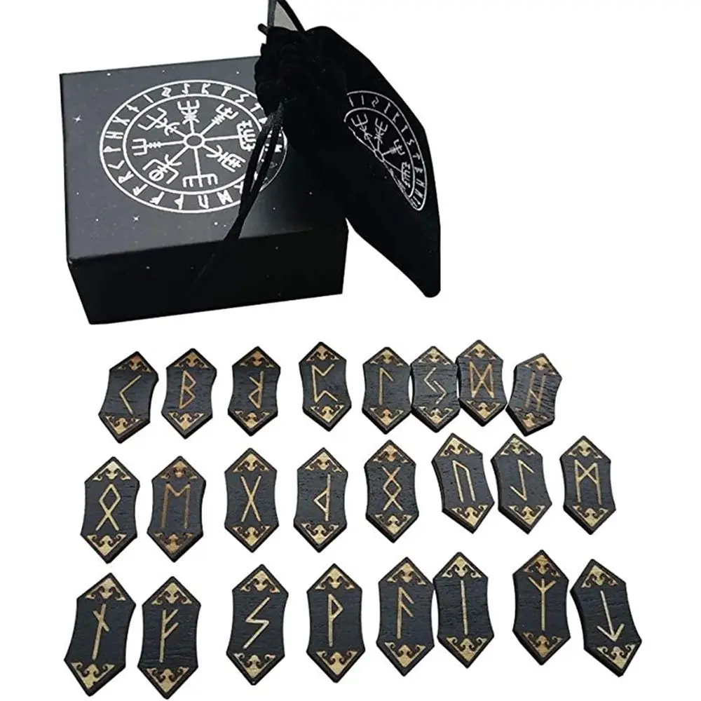 

25Pcs/set Wooden Runes Stone Runas Piedra for Divination Carved Energy Stone Kit Runes Symbols Sign Letters with Bag Tablecloth