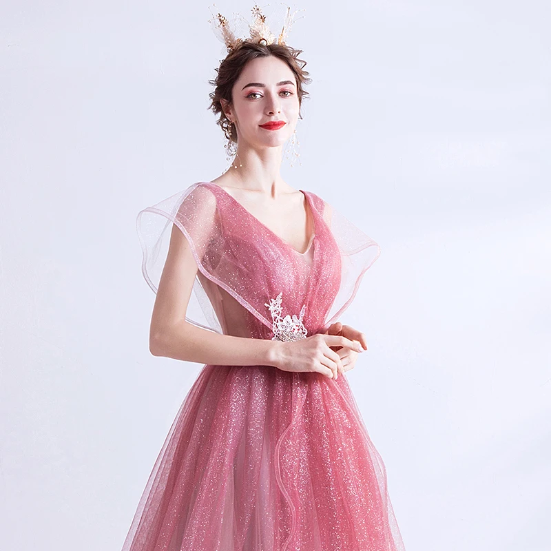 Pink Evening Dress A-line V-neck Sequins Tulle Long Formal Elegant 2020 New Party Dresses Gowns Vestido De Festa JK82 | Свадьбы и