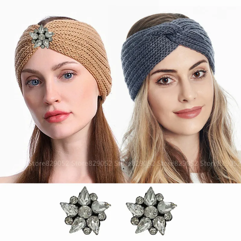 

Women's Cross Knitted Wool Hairbands Five-point Star Rhinestone Vintage Headband Winter Warm Turbans Head Wrap Hair Accessories