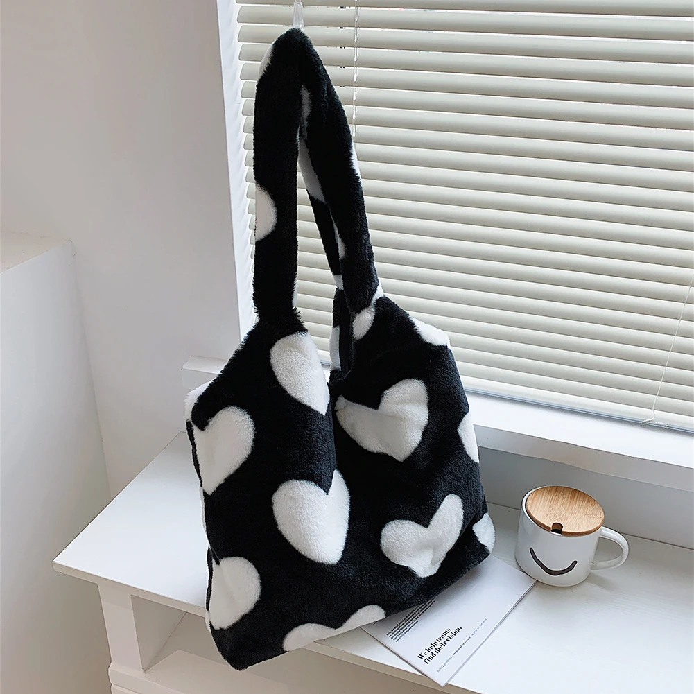 

Fashion Women Plush Love Print Shoulder Bag Soft Canvas Tote Large Capacity Handbag Casual Shopping Bags