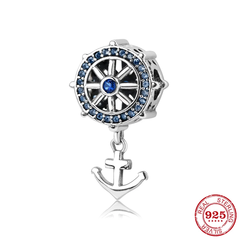 925 пробы серебряные голубые шармы бусины Лебедь Якорь Сердце и круглой формы CZ