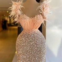 bling bling mermaid evening dress sequins feathers cap sleeve beading prom gowns luxurious custom made vestido de novia