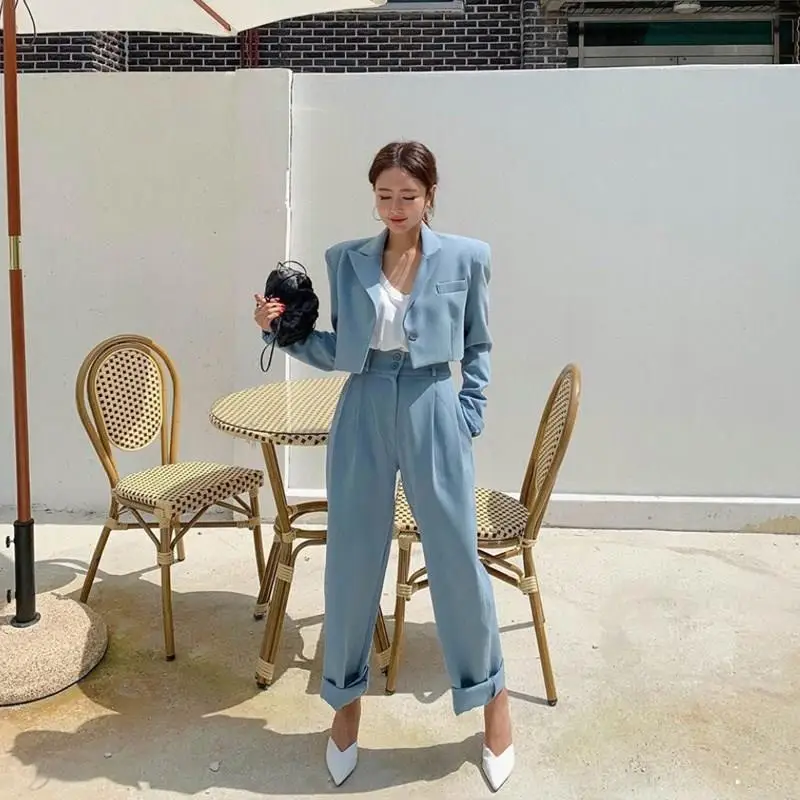 Новый осенний синий комплект с блейзером офисный женский однобортный из двух