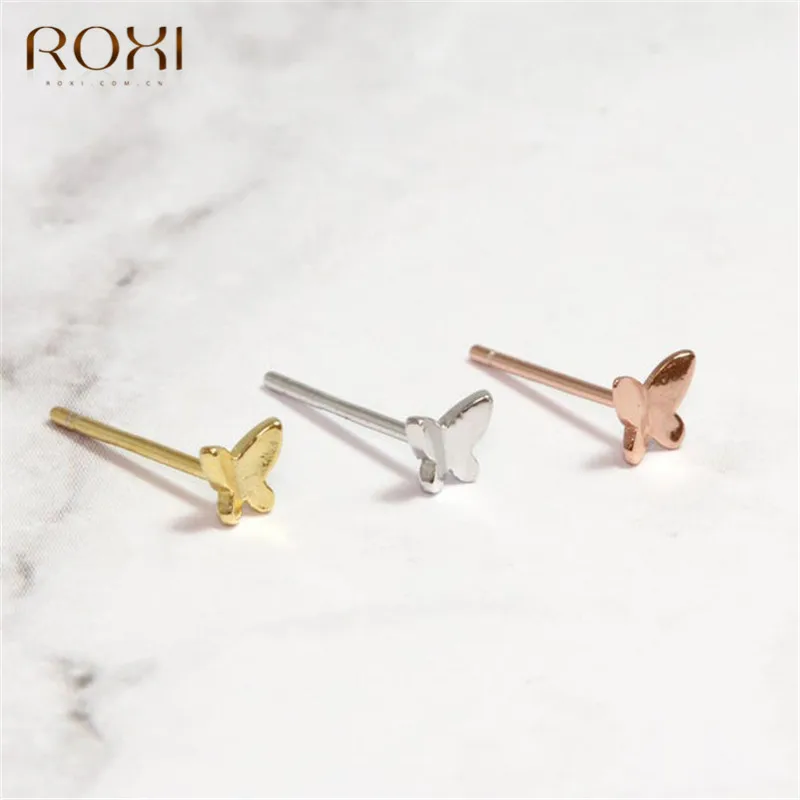 Корейские золотые серьги-гвоздики ROXI с бабочкой для женщин, Детские полированные серьги-бабочки для хряща ушной раковины, серьги из стерлингового серебра 925 пробы