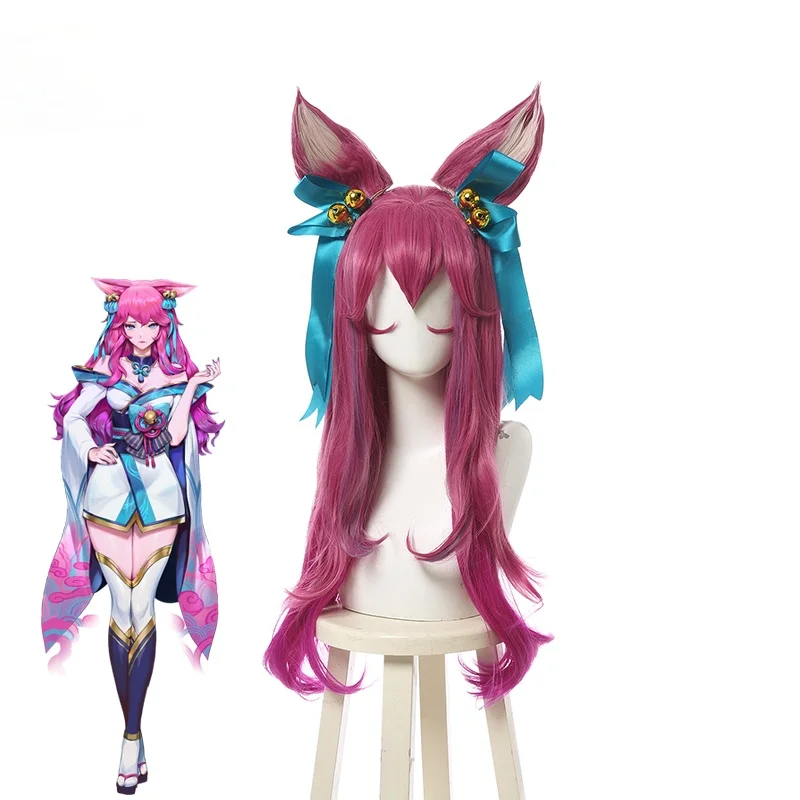 

LOL Spirit Blossom Ahri Cosplay Wig LOL Cosplay Game Ahri Wig Gradient Rose Red Loose Wave 70CM Women Halloween Headwear