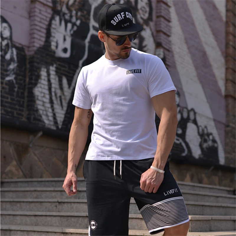 2020 летняя хлопковая футболка для тренажерного зала Спортивная Мужская с