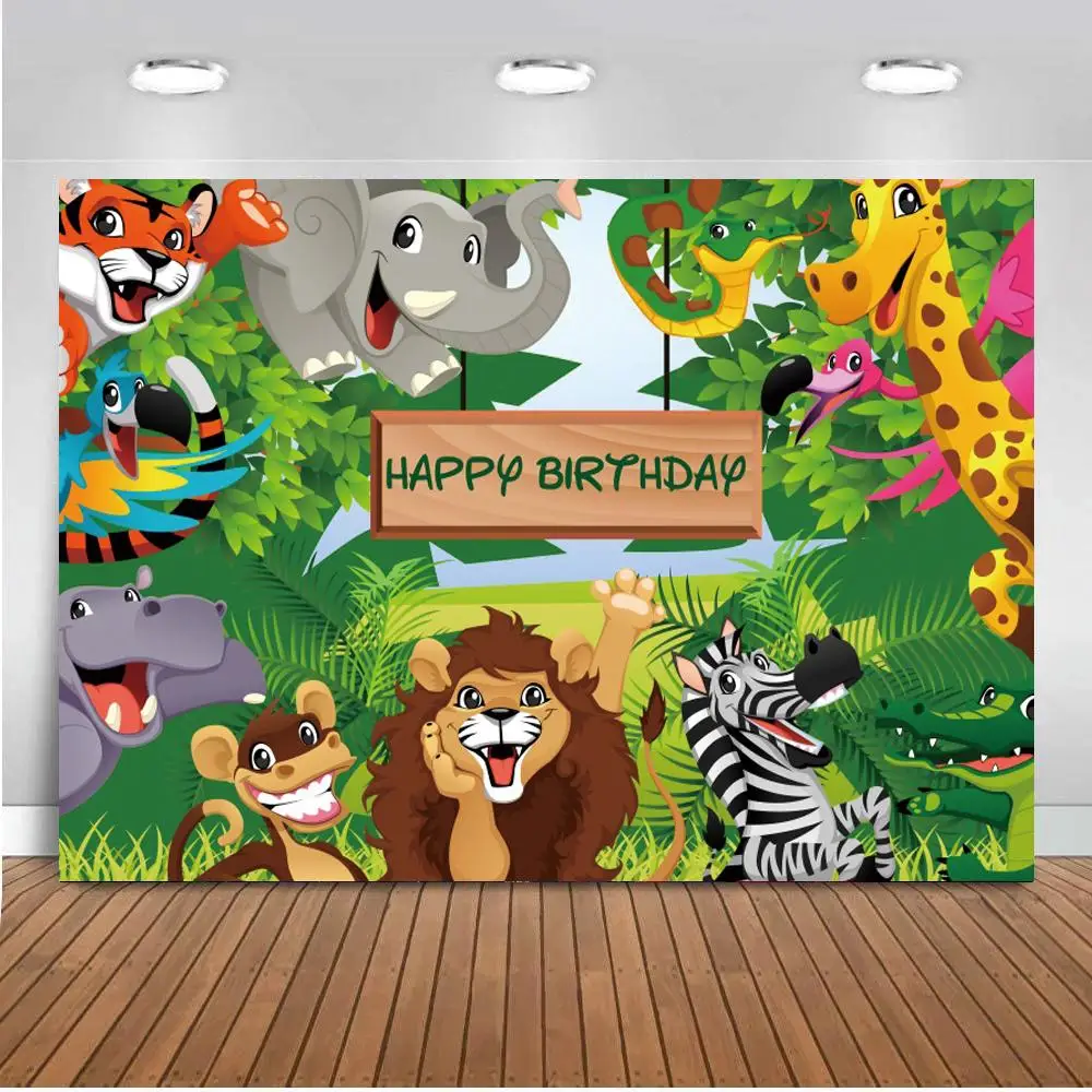 

Jungle Forest Safari Party Backdrop Vinyl Newborn Kids Birthday Wild Cartoon Animal Lion Monkey Photography Background Customize