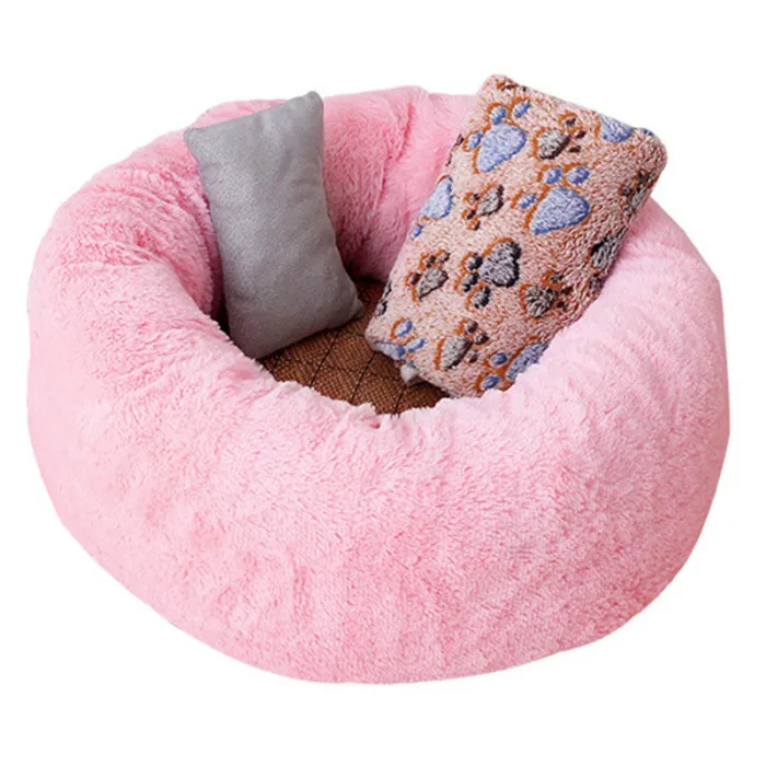 Pets Shag Plush Donut Cuddler Calming Bed Round Plush Cat Dog Mat Sleeping Bed with Pillow E2S