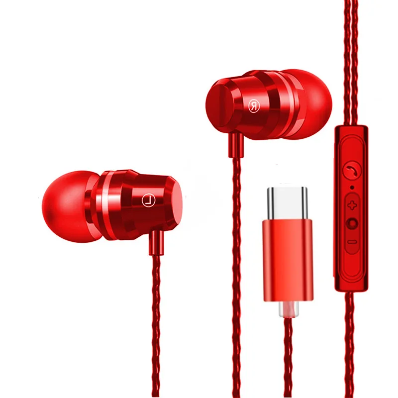 red Usb type C наушники, металлическая Проводная гарнитура, стерео спортивные наушники с микрофоном, регулятор громкости, аудио наушники для телефона Xiaomi huawei Nubia - Цвет: red