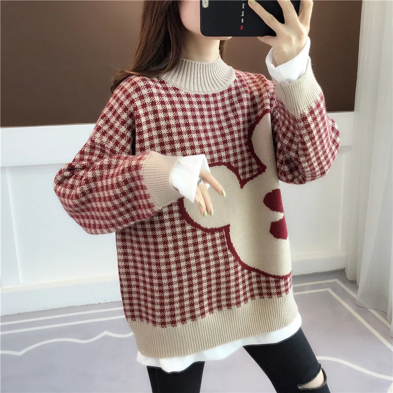 

Fake Two-piece Womens Sweater Loose Korean Version Pullover Women Half High Collar Thickened Base Shirt Lattice Jumpers Female