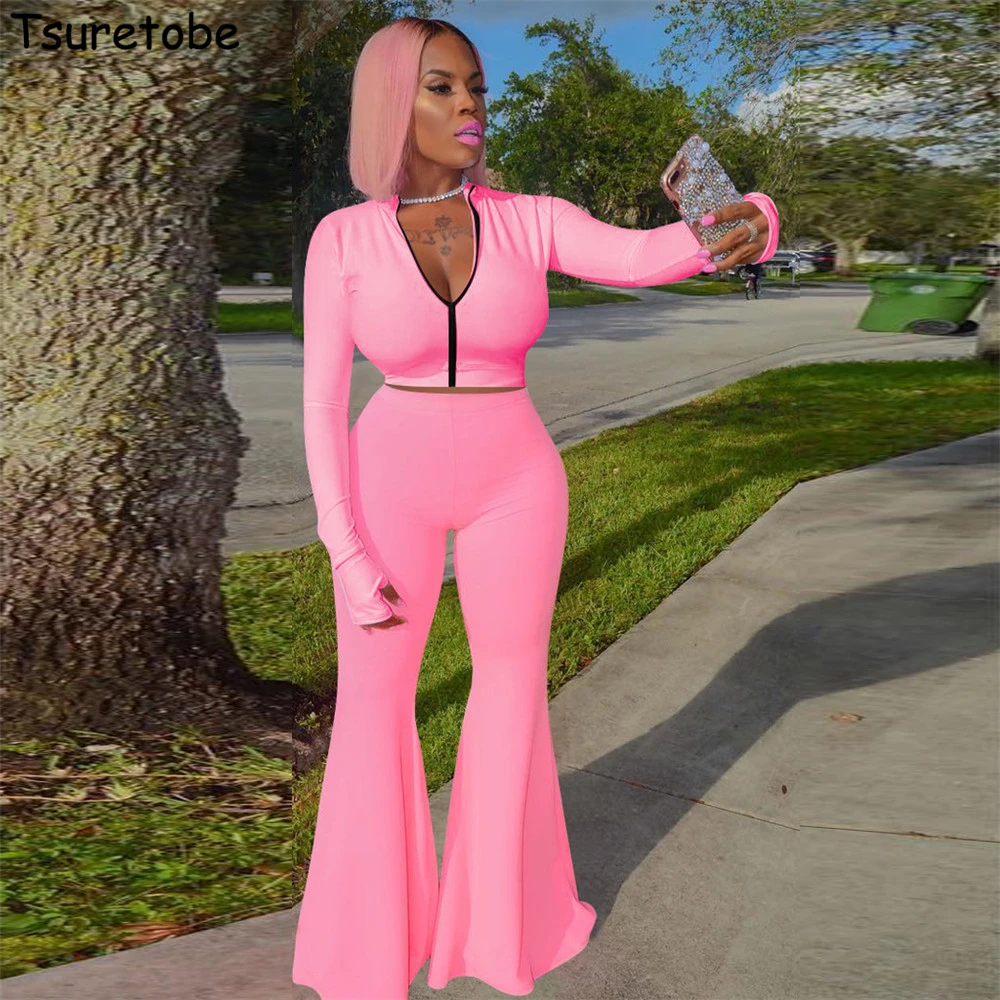 

Tsuretobe облегающий женский короткий топ с расклешенными брюками, осенняя одежда для женщин, обтягивающий спортивный костюм с длинным рукавом,...