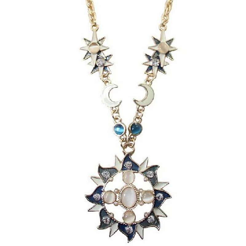 

luxury crystal gem opal enamel sun moon pendant necklace for women long sweater chain Jewelry
