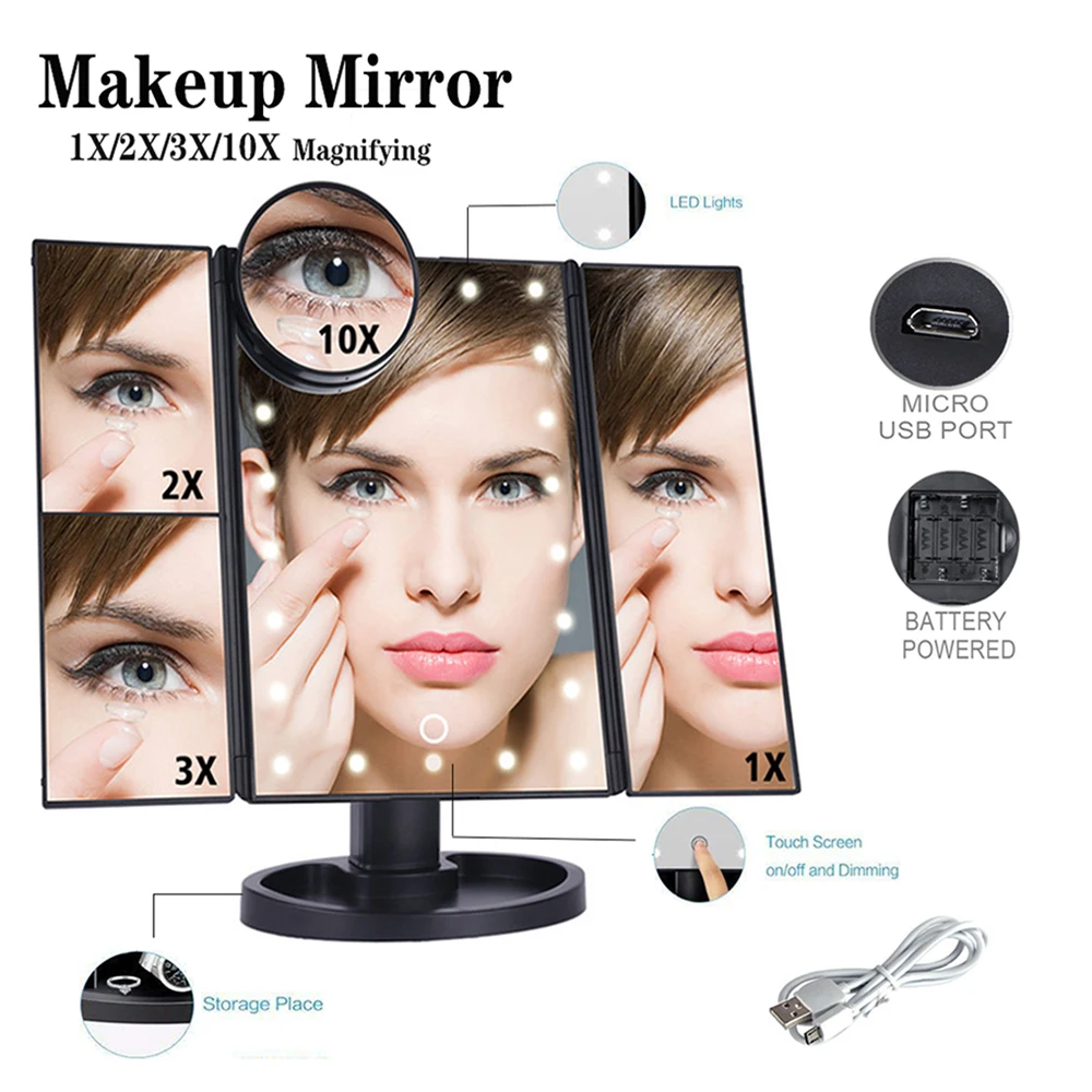 

22 Light LED Touch Screen Makeup Mirror 1X/2X/3X/10X Magnifying Adjustable Compact Vanity 3 Folding Mirrors Cosmetics Mirrors