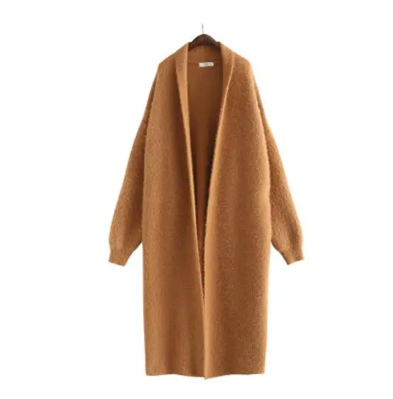 dark khaki Большой v-образный вырез лохматый вязаный длинный кардиган Max винтажный свободный длинный рукав женский Легкий трикотажный свитер шикарный 4 цвета - Цвет: dark khaki