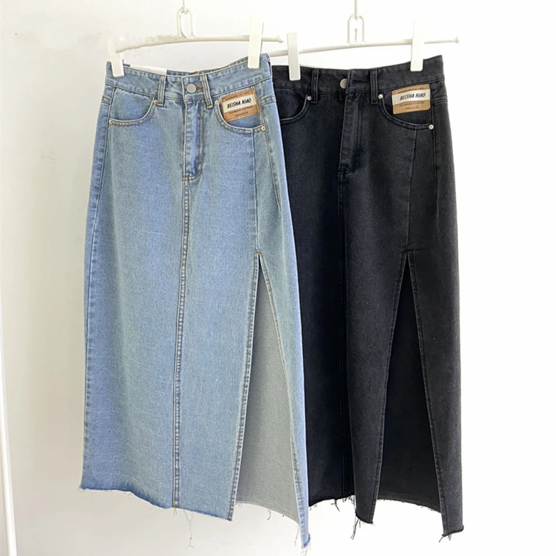 

2021 New Autumn Chic Women's Long Denim Skirts Vintage High Wasit Jeans Skirt Straight Side Split A-line Pencil Skirts Female