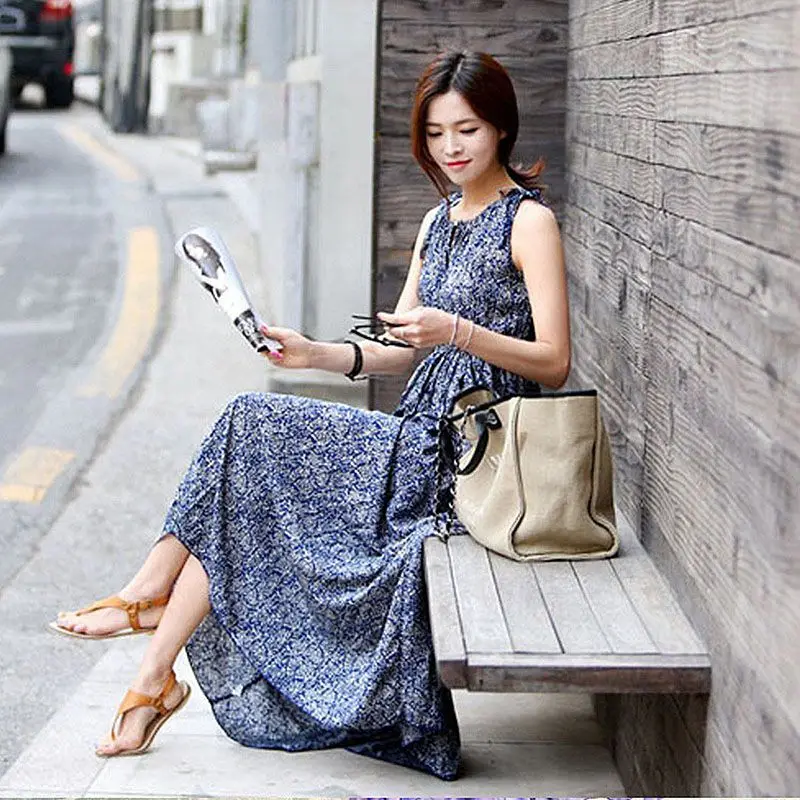 

Sexy Women Summer Casual Boho Long Dress Sleeveless Round Neck Evening Party Cocktail Maxi Dress Printing Soft Beach Sundress