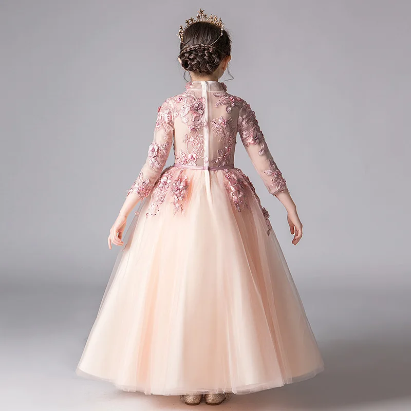 

Retro Long Sleeve Holy Communion Dress High Collar Embroidery Flower Girl Dresses for Wedding Buttons Princess Birthday Dress