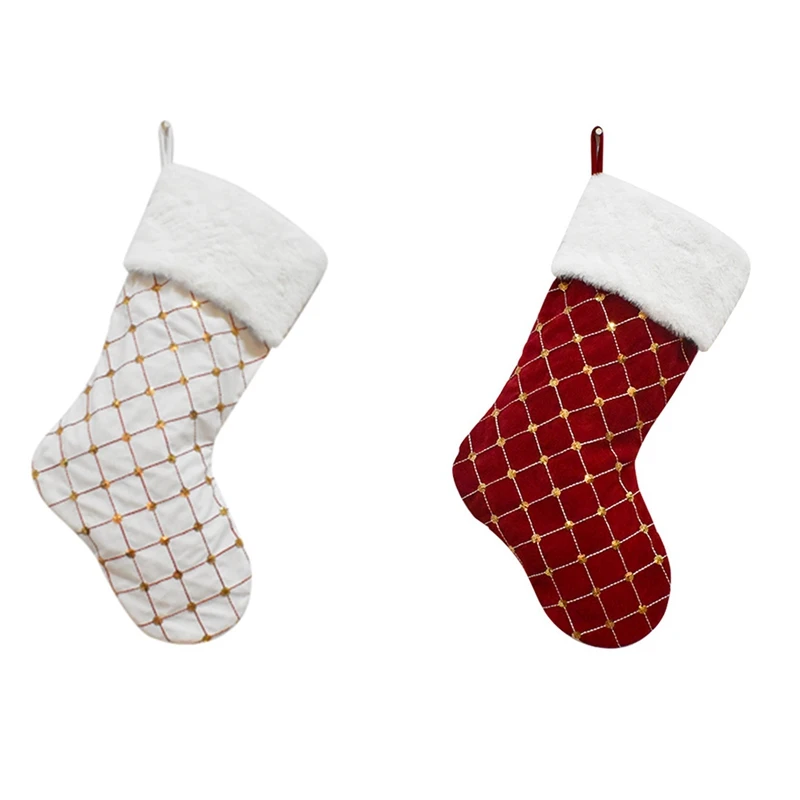 

New Plaid Christmas Socks Gold Sequin Candy Bag Xmas Tree Pendant Socks Holiday Gift Bag