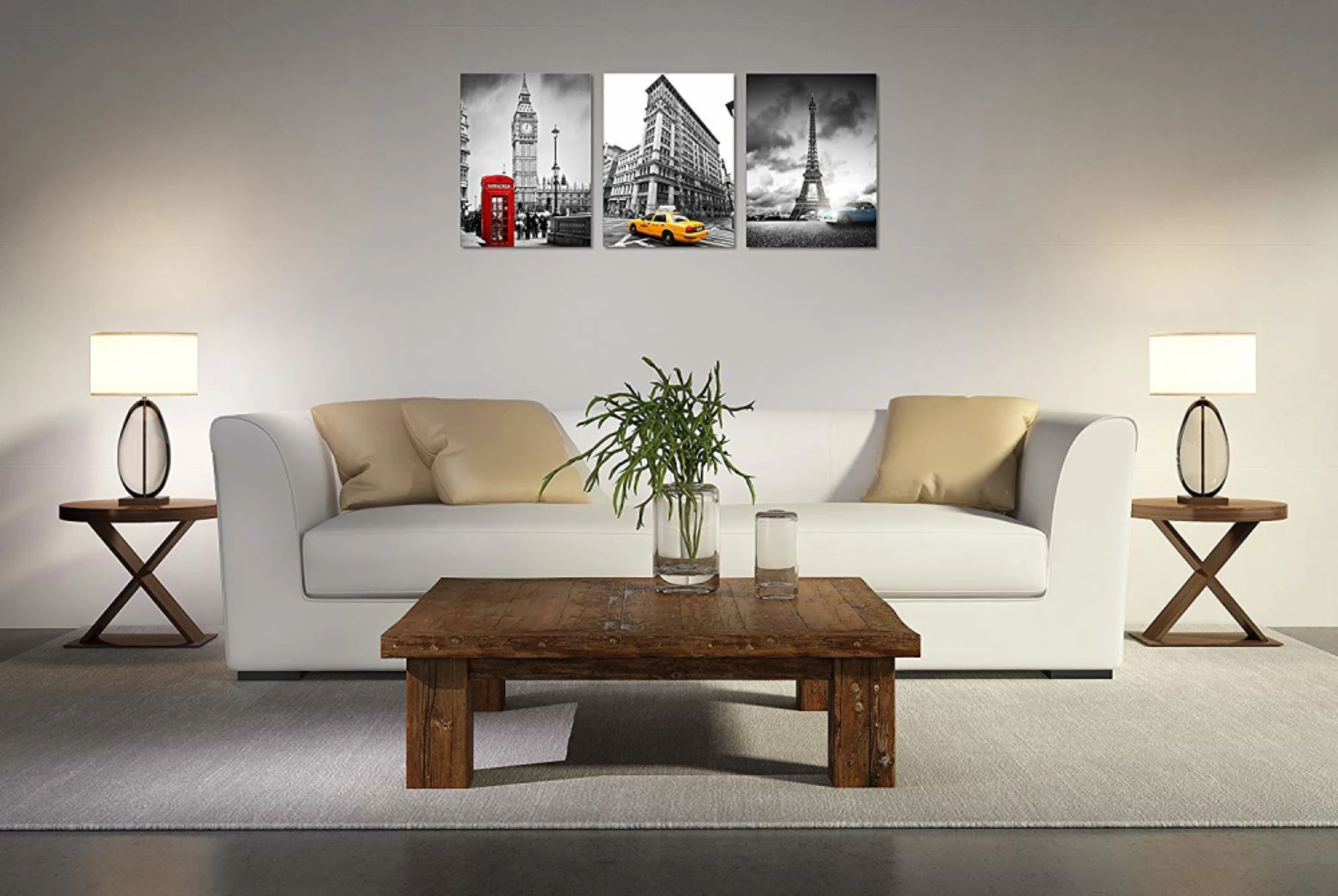 

Framed Black and White Eiffel Tower Canvas Big Ben Red Telephone Booth In London Wall Art Decor Yellow Cab Cityscape Canvas