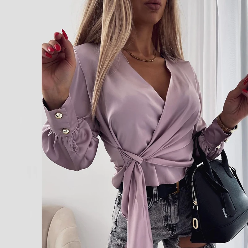 

Elegant Hem Bandage Design Long Sleeve Blouse Shirt Women 2021 Spring Summer Fashion Loose Smooth Top Casual Loose Blouses Blusa