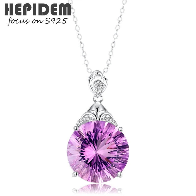 

HEPIDEM 100% Amethyst 925 Sterling Silver Pendant Necklace Women Purple Big Size Stone Gem Gemstones Gift S925 Fine Jewelry 1686