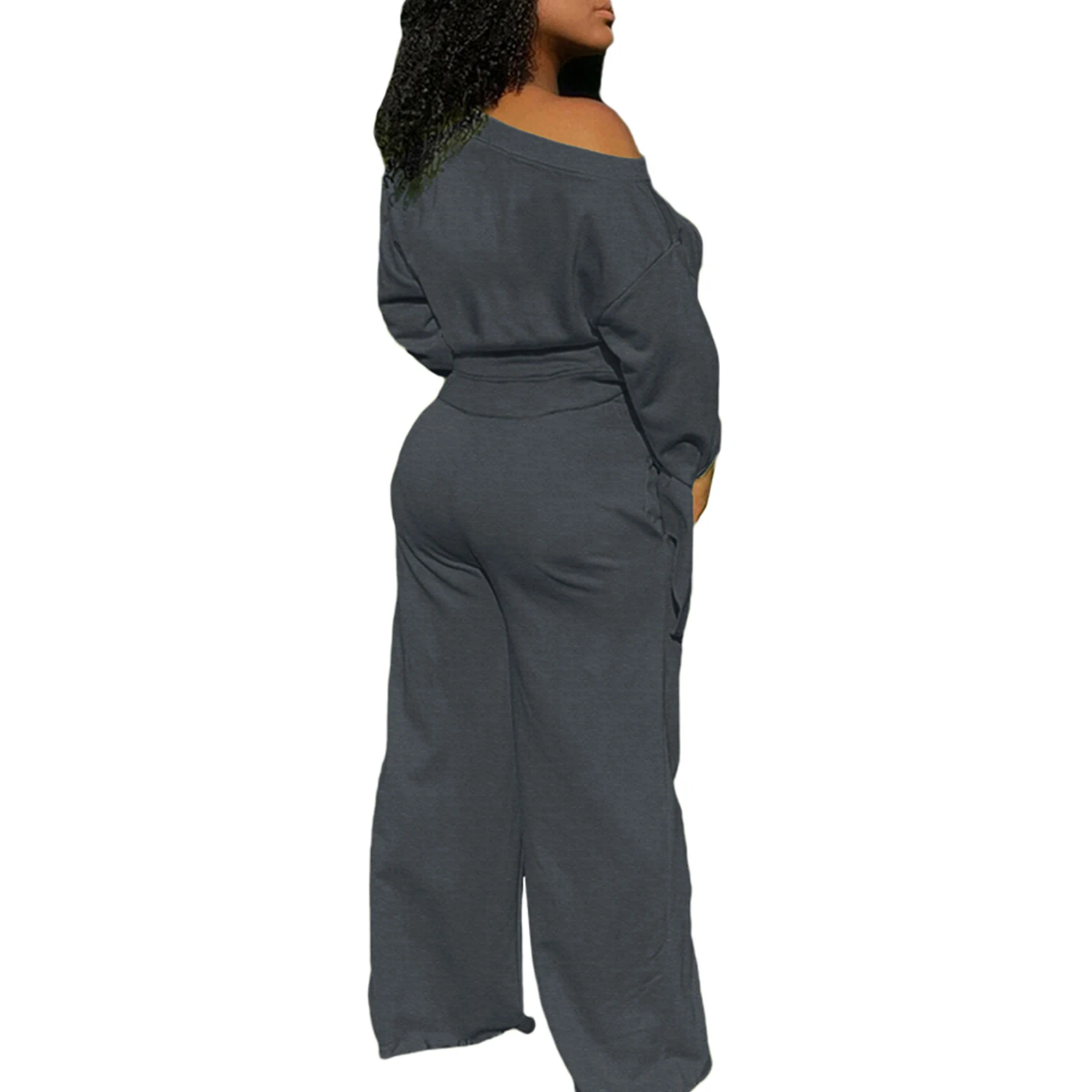 

2021 Women's 2 Piece Outfits, Casual Long Sleeve Lace Up Top + Wide Leg Pants Set Loungewear