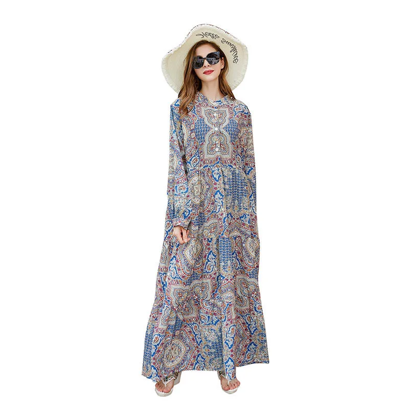 

Summer Fashion Women's Dresses French Long-sleeved Prints Retro Slimming Temperament Bohemian Style Long Ladies Skirts WE70