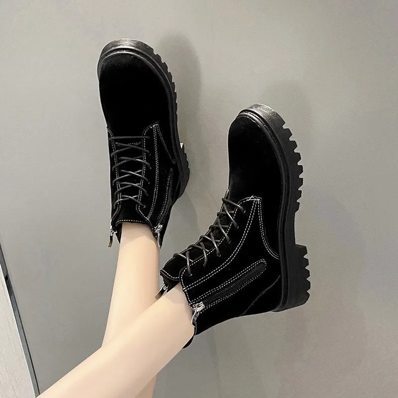 Autumn Winter Women Fashion Lightweight Comfortable Round Toe Shoes Ladies Lace-up Thick-soled Non-slip Women's Platform Boots