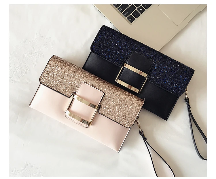 

European Shoulder Bag Fashion Solid Color Sequins Short Handle Women Handbag Chain Messenger Bag Retro Ladies Evening Bag