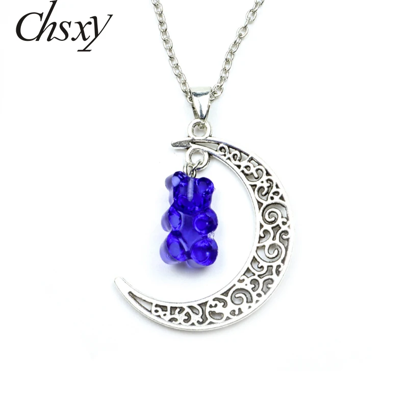 

Cute Bear Necklace Creative Candy Coloranimal Gummy Acrylic Resin Pendant Alloy Moon Chains Necklaces for Women Jewelry Fashion