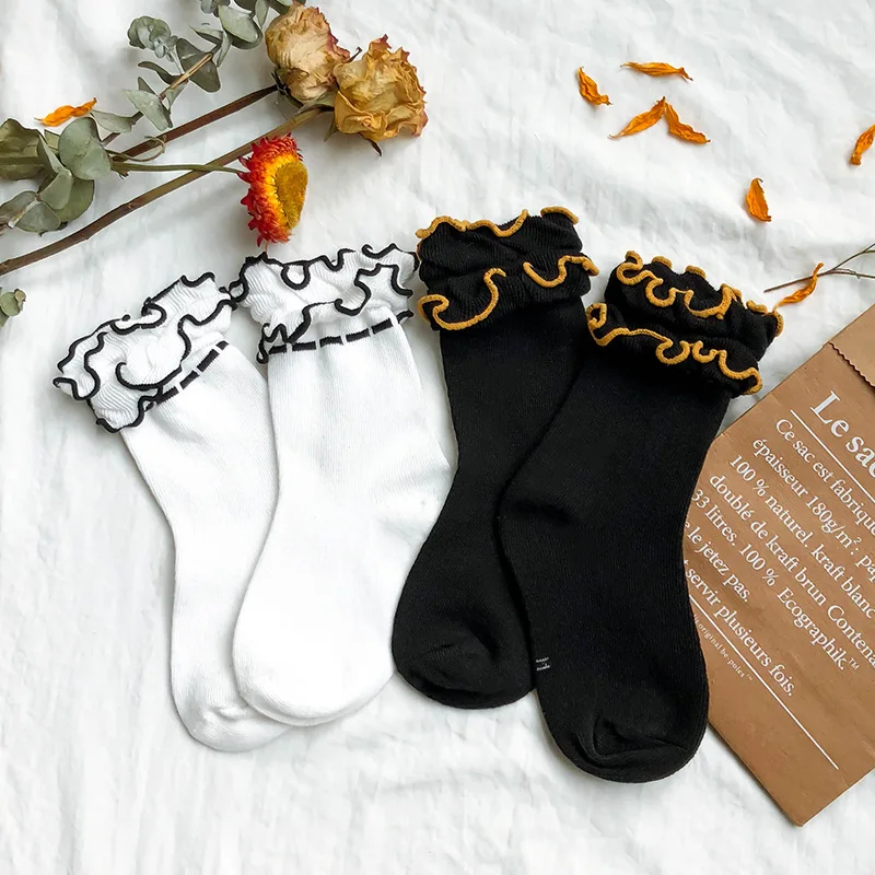 Детские носки для девочек с лотосом мягкие однотонные черные белые хлопковые