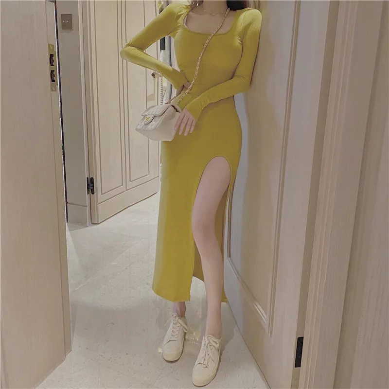 

Spring and autumn long-sleeved slit dress women elegant temperament Midi dress side slit slim long dress solid color