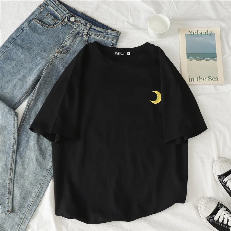 Women Short Sleeve T-shirts O-neck Embroidery Casual Simple Soft Korean Style Trendy Loose Tops Womens Sweet Girls Harajuku chic | Женская